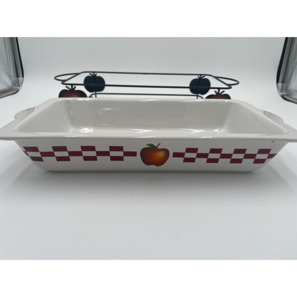 Vintage Ceramic Baking Dish With Rustic Apple Pattern & Metal Holder - Picture 5 of 5